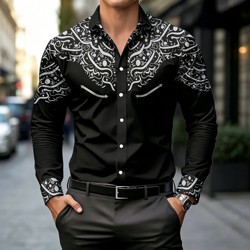 Mens Fashion Summer - Kemeja Cetak Kontras Hitam Putih, Slim