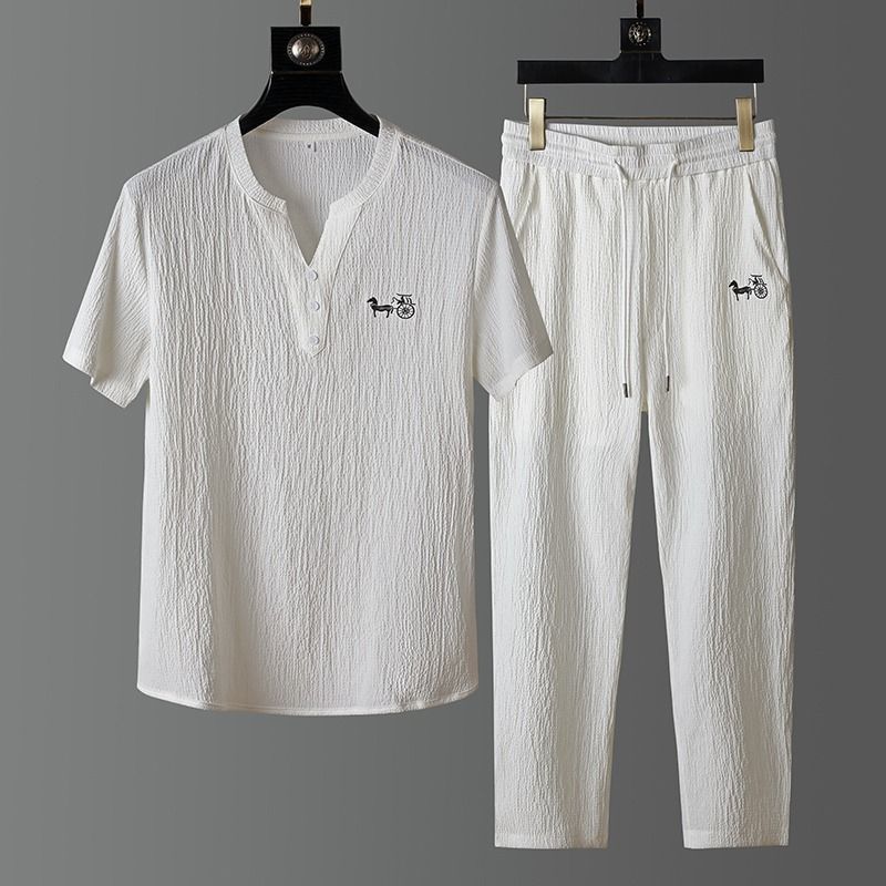 Men'S Fashion V Neck T Shirts - Set Kaos Lengan Pendek Linen Trendi