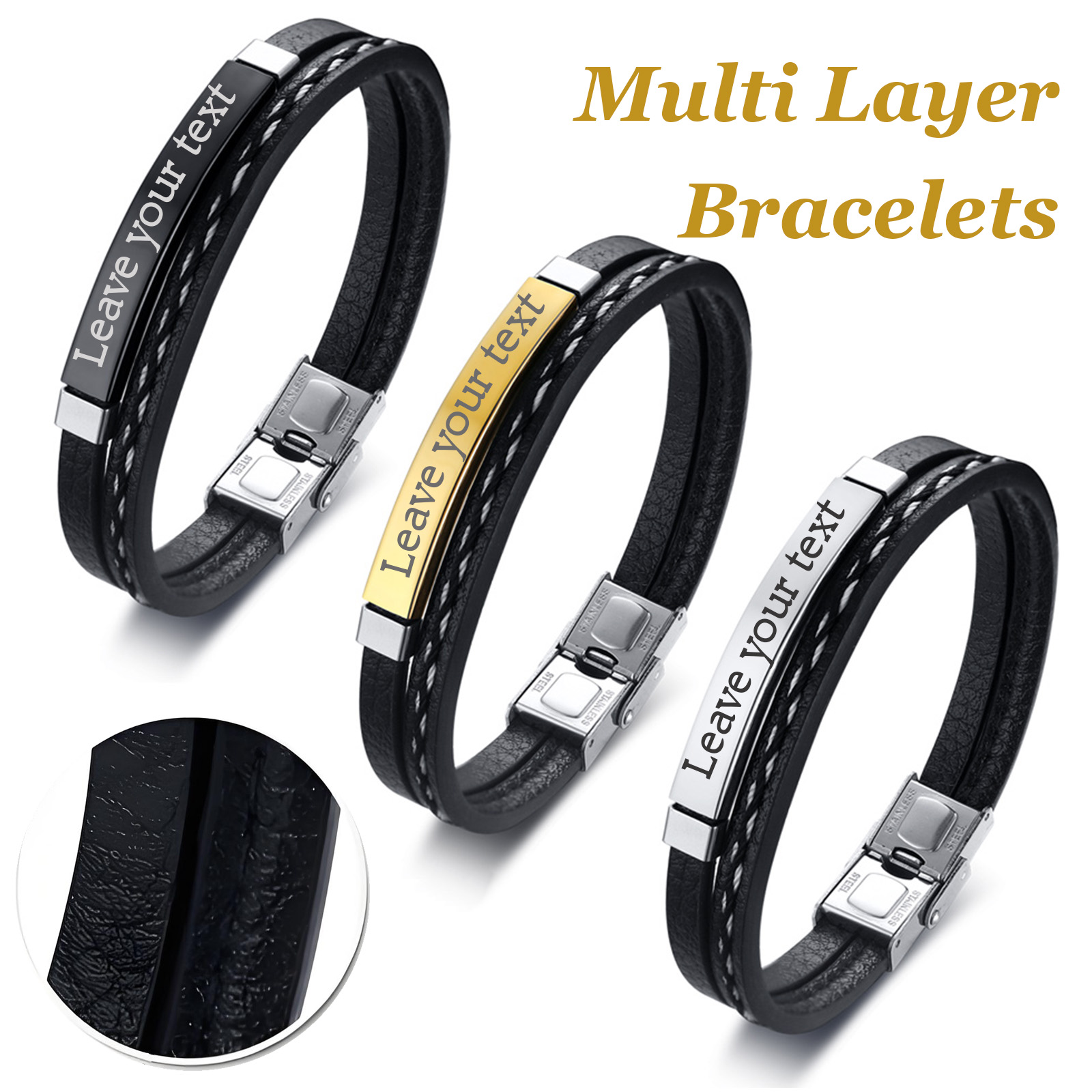 Men'S Fashion Gold Chain - Gelang Kulit PU Kepang Dua Lapis