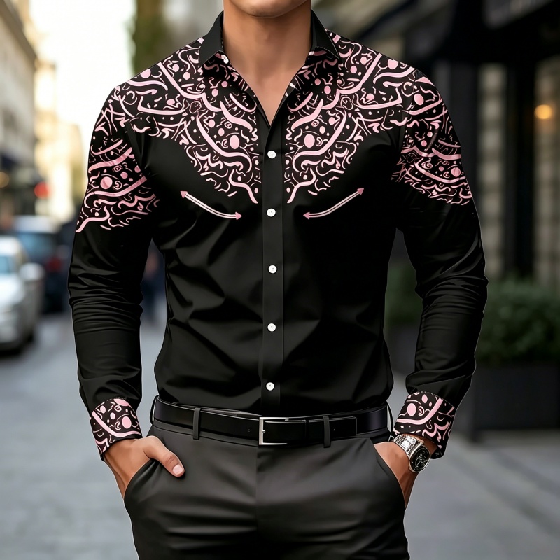 Kemeja Cetak Kontras Hitam Put - Mens Fashion Summer ulasan dan harga