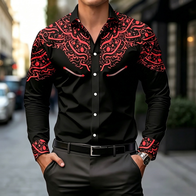 Kemeja Cetak Kontras Hitam Put - Mens Fashion Summer ulasan dan harga